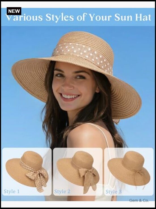 Wide Brim Straw Sun Hat UPF 50+ Packable Floppy Beach Derby main image 5